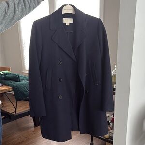 Blue Pea Coat with Notched Lapels and Wool Texture